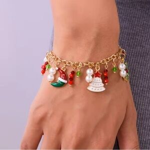 Christmas Charm Bracelet with Santa Tree Gift PendantsFestive Gold Chain Holiday